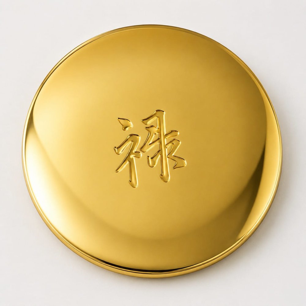 「禄」の文字を浮き彫りにした丸い金色のメダルの買取品